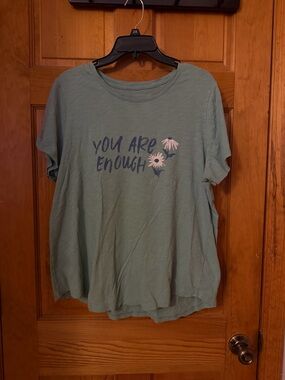 Old Navy Sage Green Tee with Navy Script and Pale Pink Flowers